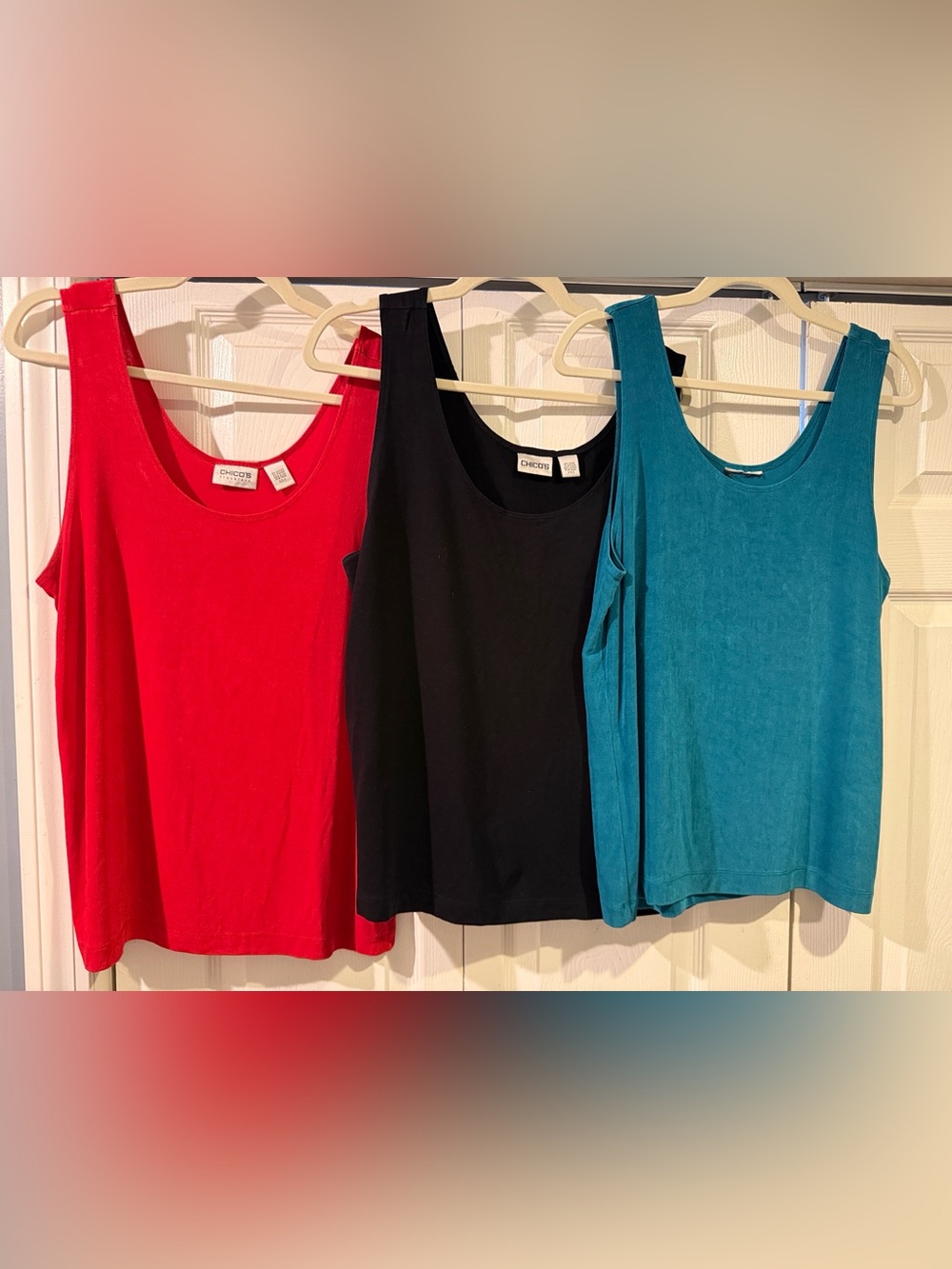 Bundle of 3 Chico's tank tops in Black, red and turquoise. Chico’s size3.